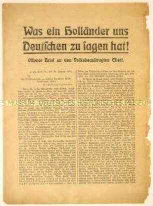 Offener Brief des Holländers von Deerenberg an Friedrich Ebert mit Schilderung der politischen und wirtschaftlichen Zustände in Deutschland und Vorwurf des Versagens an die Regierung