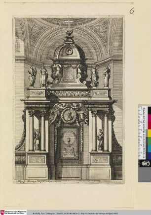 [Tabernakel dekoriert mit sechs Heiligenskulpturen und dem Bildnis der Jungfrau über einem Bild der Hostie; Tabernacle orné de plusieurs statues]