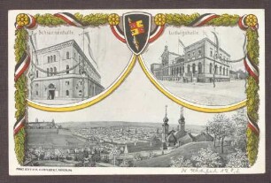 Erinnerungspostkarte an den Katholikentag in Würzburg mit Abbildungen von Gebäuden (Schrannhalle und Ludwigshalle) in Würzburg