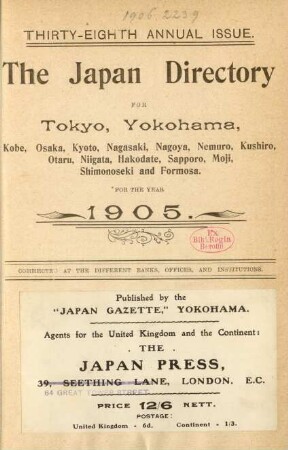 38.1905: The Japan directory for Tokyo, Yokohama, Kobe, Osaka, Kyoto, Nagasaki, Nagoya ... and Formosa