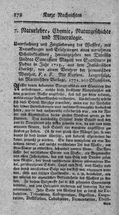 7. Naturlehre, Chymie, Naturgeschichte und Mineralogie.