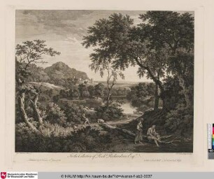 [Flusslandschaft mit einem Paar im Vordergund, im Hintergrund eine Burg]