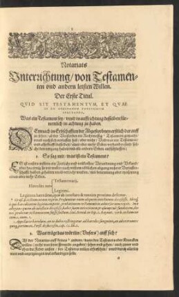 Notariats Unterrichtung/ von Testamenten und andern letsten Willen. Der Erste Titul.