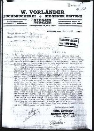 Firmenbriefkopf Vorländer, W., Buchdruckerei - Siegener Zeitung, Siegen (Westfalen)
