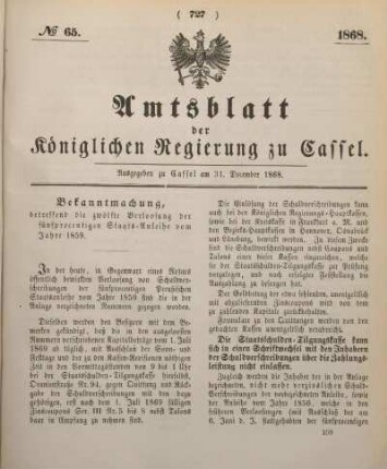 № 65. Ausgegeben zu Cassel am 31. December 1868.