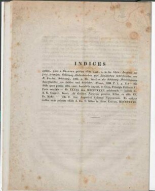 Indices eorum, quae a Cramero publice edita sunt, ...