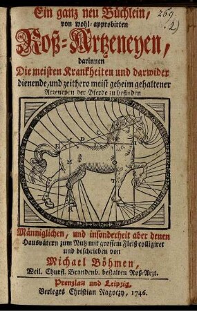 Ein ganz neu Büchlein, von wohl-approbirten Roß-Artzeneyen : darinnen Die meisten Krankheiten und darwider dienende, und zeithero meist geheim gehaltener Arzeneyen der Pferde zu finden