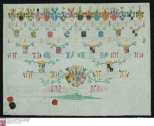 Ahnenprobe des Carl Friedrich Anton v. Hatzfeld u. Gleichen. - ausgefertigt 1755 Dezember 3 Burgmann, Pergament