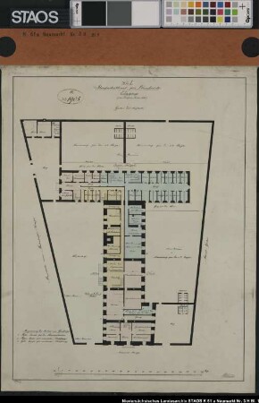 Strafanstalt: Bauzeichnungen für die Erweiterung des Strafarbeitshauses. um 1845/50 (?) Ausf.-Art: Farbige Zeichnung Herst.: Wedekind, Witting Format: 53 x 42 cm Maßstab: 1 : 300