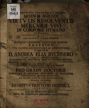 Dissertatio Inauguralis Medica Modum Agendi Virtutis Resolventis Mercurii Vivi In Corpore Humano Exponens