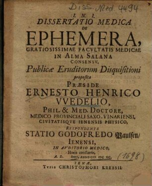 Dissertatio Medica De Ephemera