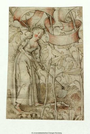 Allegorische Darstellung eines Mädchens im Brautkranz (?), das zwei verschlungene Hände einscharrt