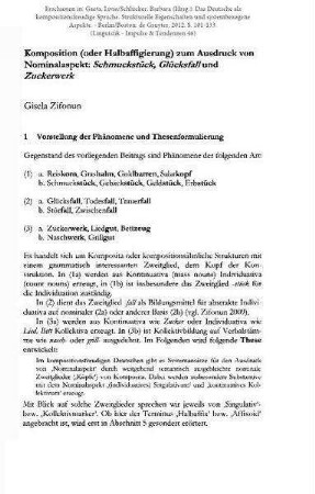 Komposition (oder Halbaffigierung) zum Ausdruck von Nominalaspekt: Schmuckstück, Glücksfall und Zuckerwerk
