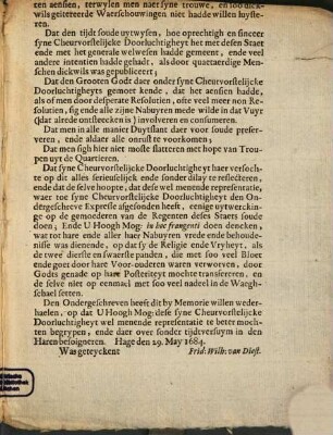 Memorie Van de Heer Diest, Extraordinaris Envoyé van syn Keurvorstelijcke Doorluchtugheyt van Brandenburgh, Aen de Hoogh Mogende Staten Generael der Vereenigde Nederlanden, Overgelevert den 29. Mey 1684
