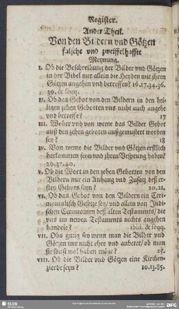 Register. Ander Theil. Von den Bildern und Götzen falsche und zweiffelhaffte Meynung