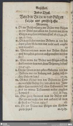 Register. Ander Theil. Von den Bildern und Götzen falsche und zweiffelhaffte Meynung
