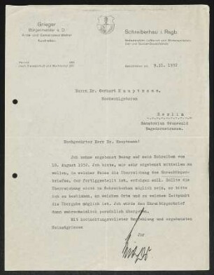 Brief von ... Grieger von Schreiberhau / Kurdirektor, Schreiberhau / Bürgermeister an Gerhart Hauptmann