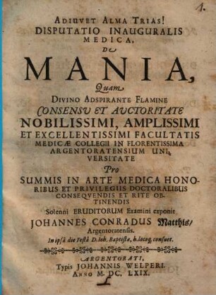 Disputatio Inauguralis Medica, De Mania