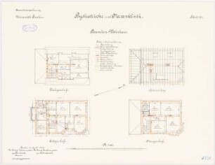 Universität Breslau Klinische Neubauten. Psychiatrische und Nervenklinik: Beamten-Wohnhaus: Grundriss Erdgeschoss Obergeschoss Dachgeschoss Sparrenlage 1:100