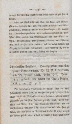 278-290 [Rezension] Theologische Zeitschrift ; 1.1819