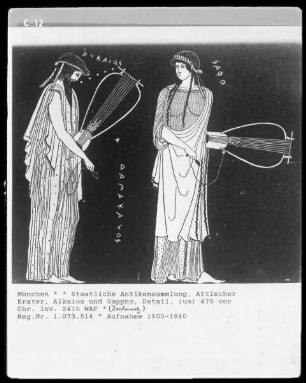 Attischer Krater, Alkaios und Sappho, Detail, um 470 vor Christus