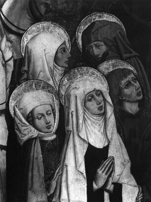 Mittelbild mit Kalvarienberg : Altar. Mittelbild mit Kalvarienberg. Tafelmalerei. Die weinenden Frauen unter dem Kreuz (um 1470/1480). Neustadt an der Weinstraße-Königsbach, Pfarrkirche Sankt Johannes der Täufer