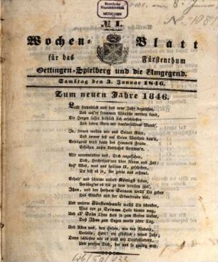 Wochenblatt für das Fürstenthum Oettingen-Spielberg und die Umgegend : auf das Jahr .... 1846