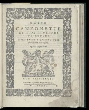 Orazio Vecchi: Canzonette ... Libro primo a quattro voci ... Quinta Impressione. Basso