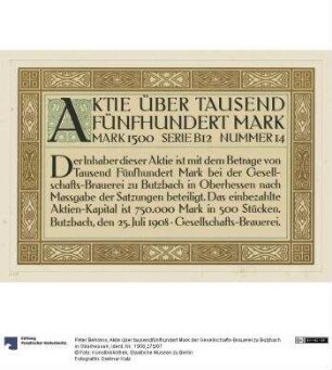 Aktie über tausendfünfhundert Mark der Gesellschafts-Brauerei zu Butzbach in Oberhessen