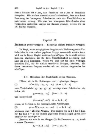 Kap. 17. Ähnlichkeit zweier Gruppen. - Repciproke einfach transitive Gruppen.