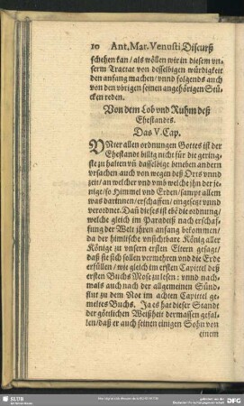 Von dem Lob und Ruhm deß Ehestandts. Das V. Cap.