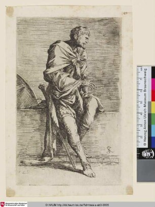 A warrior seated on a low wall [Krieger, der auf einer niedrigen Mauer sitzt]