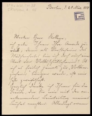 Brief von Anna Plothow an Wilhelm Schwaner