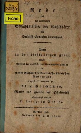 Rede bei der Gedächtnisfeier der Wohltäter des berlinisch-kölnischen Gymnasiums