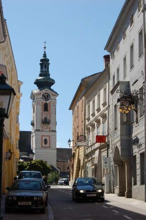 Altstadt und barocke Kirche am Marktplatz in Freistadt, Oberösterreich