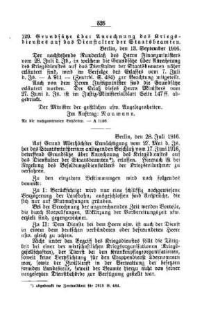 Grundsätze über Anrechnung des Kriegsdienstes auf das Dienstalter der Staatsbeamten : [A. Behörden und Beamte]
