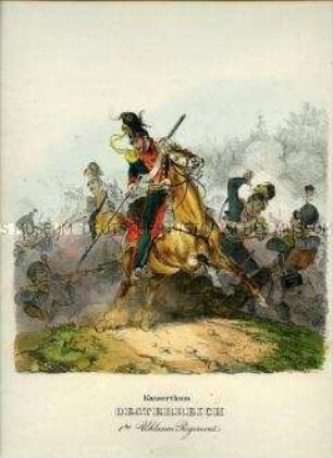 Uniformdarstellung, Ulanen des 1. Ulanen-Regiments im Kampf gegen französische Infanteristen, Kaiserreich Österreich, 1835. Tafel 158 aus: Eckert/Monten: Das deutsche Bundesheer.