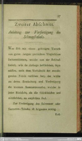 Zweiter Abschnitt. Anleitung zur Verfertigung des Schnupftabaks
