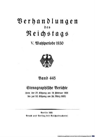 Verhandlungen des Reichstages. Stenographische Berichte. 445. 1930