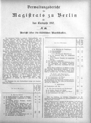 No. 40. Bericht über die städtischen Markthallen