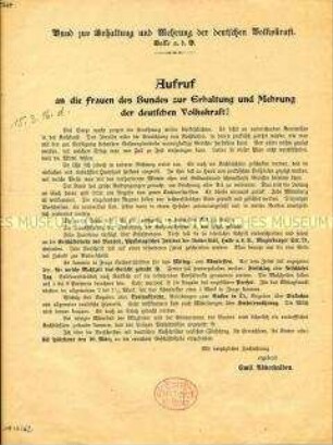 Aufruf an die Frauen des Bundes zur Erhaltung und Mehrung der deutschen Volkskraft