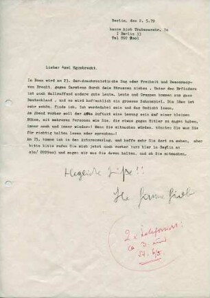 Korrespondenz von Hanne Hiob an Axel Eggebrecht