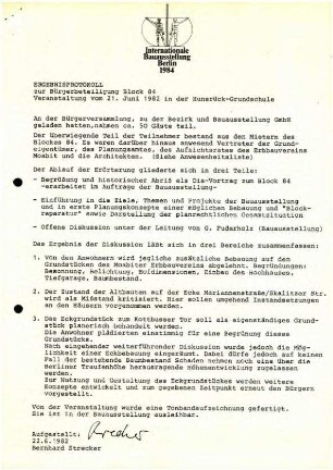 Protokoll: Bürgerversammlung 21.6.1982, Bürgerbeteiligung Block 84
