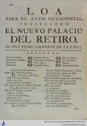 Loa para el Auto Sacramental El nuevo Palacio del Retiro.