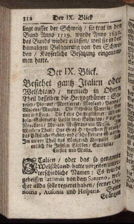 Der IX. Blick. Besiehet gantz Italien oder Welschland / [...]