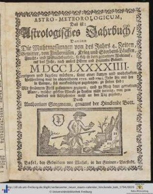 Astro-Meteorologicum, Das ist: Astrologisches Jahrbuch.
