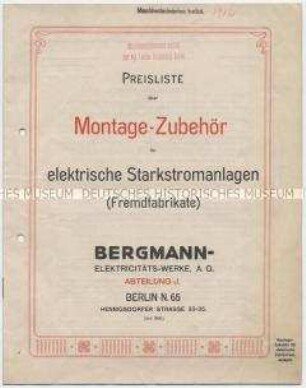 Preisliste über Montage-Zubehör für elektrische Starkstromanlagen (Fremdfabrikate)