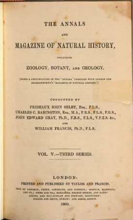 The annals and magazine of natural history, zoology, botany and geology : incorporating the journal of botany. 5. 1860