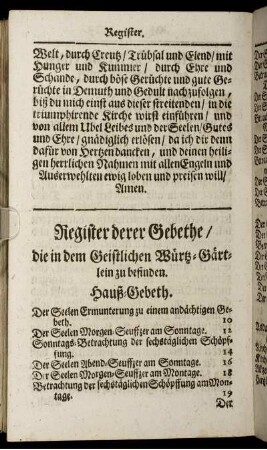 Register derer Gebethe / die in dem Geistlichen Würtz-Gärtlein zu befinden.