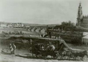 Dresden vom linken Elbufer unterhalb der Festungswerke